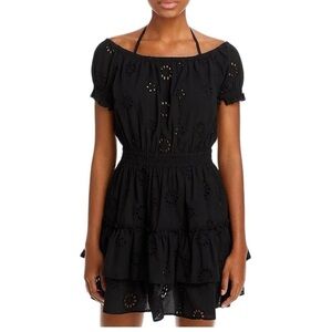 Revolve AQUA Swim Large Eyelet Tiered Peasant Dress Black Cover Up MSRP $119